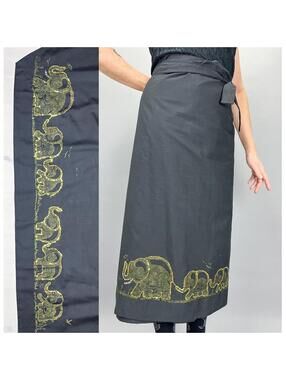 Vintage Wrap Skirt | 90's Black Midi Skirt with Elephants Marching Print